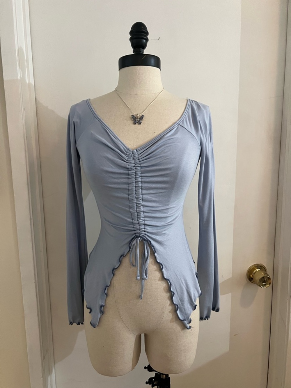Ruched Long-Sleeve V-Neck Top in Light Blue